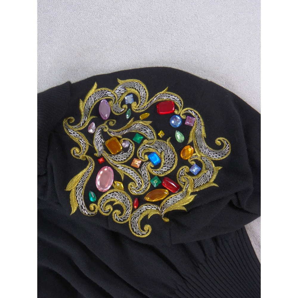 Ann Tjian for Kenar Vintage Black Lambswool Beaded Rhinestone Sweater Medium - Picture 3 of 9